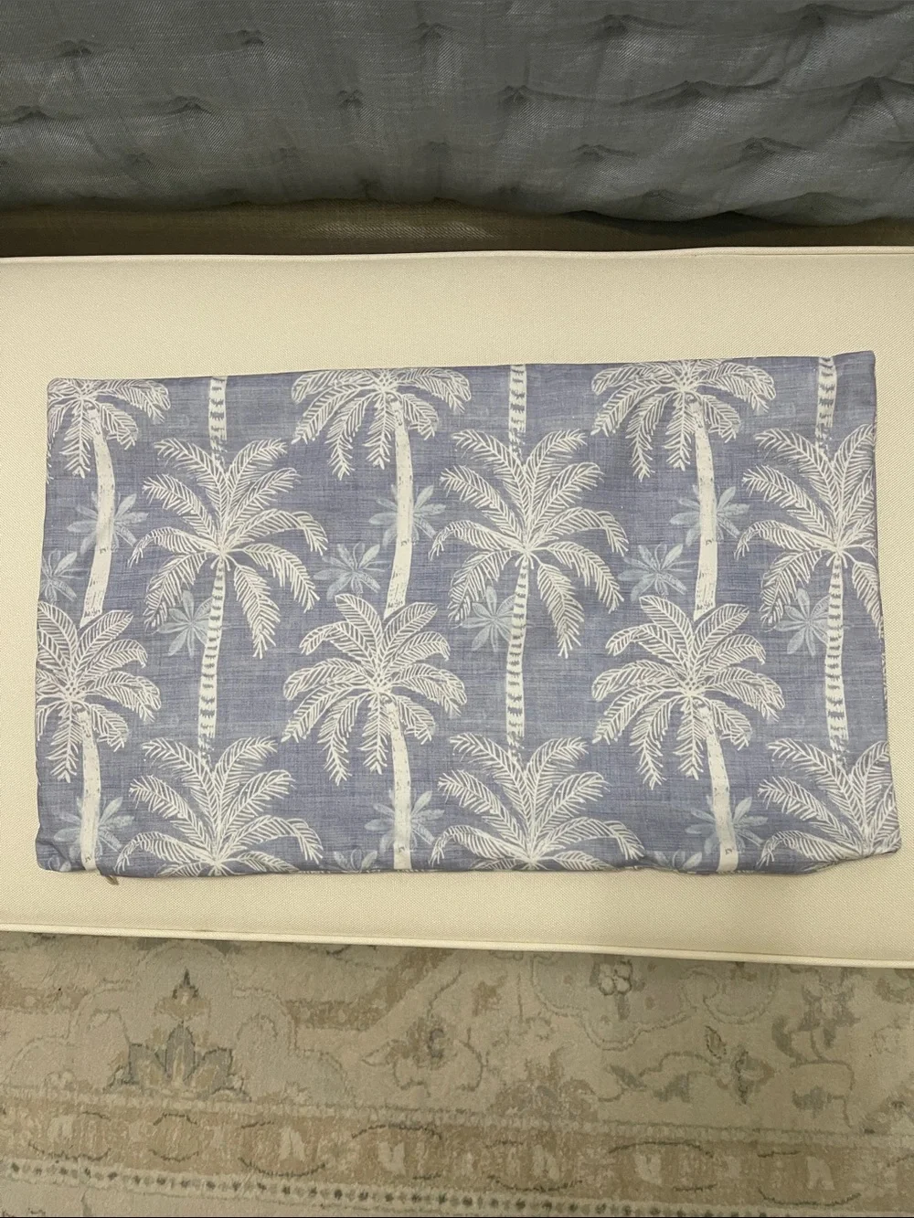 Blue Palm-Print Decorative Lumbar Pillow Cover